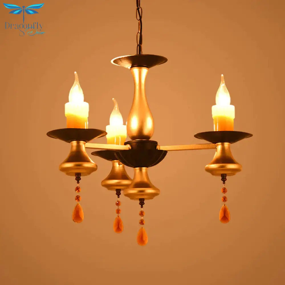 Traditional Iron Bellied Oval Vase Hanging Lamp With Resin Candle 3/5/6 Lights Golden Chandelier