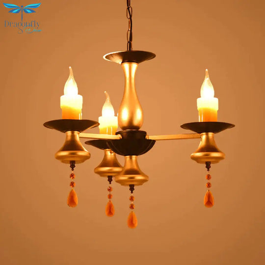 Traditional Iron Bellied Oval Vase Hanging Lamp With Resin Candle 3/5/6 Lights Golden Chandelier