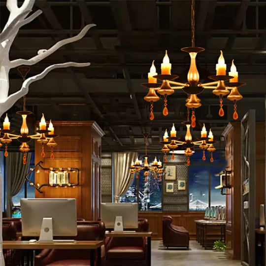 Traditional Iron Bellied Oval Vase Hanging Lamp With Resin Candle 3/5/6 Lights Golden Chandelier 5 /