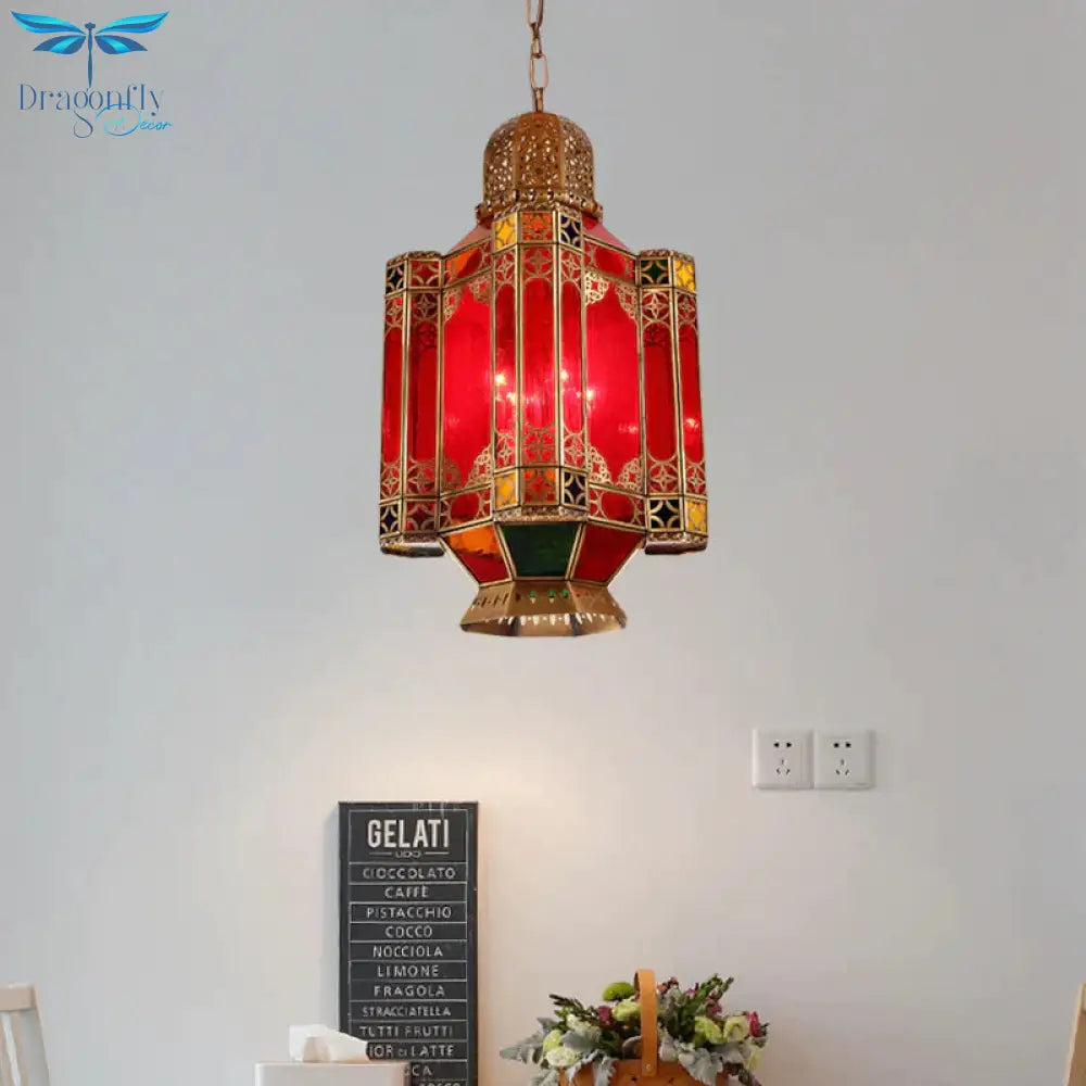 Traditional Lantern Hanging Lamp 4 Lights Red Glass Chandelier Lighting Fixture In Brass For