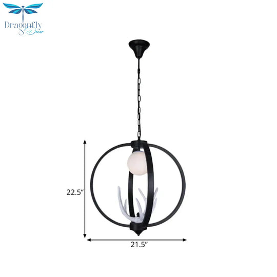 Traditional Orb Hanging Lamp Single Bulb Metal Chandelier Light Fixture With White Glass Shade In
