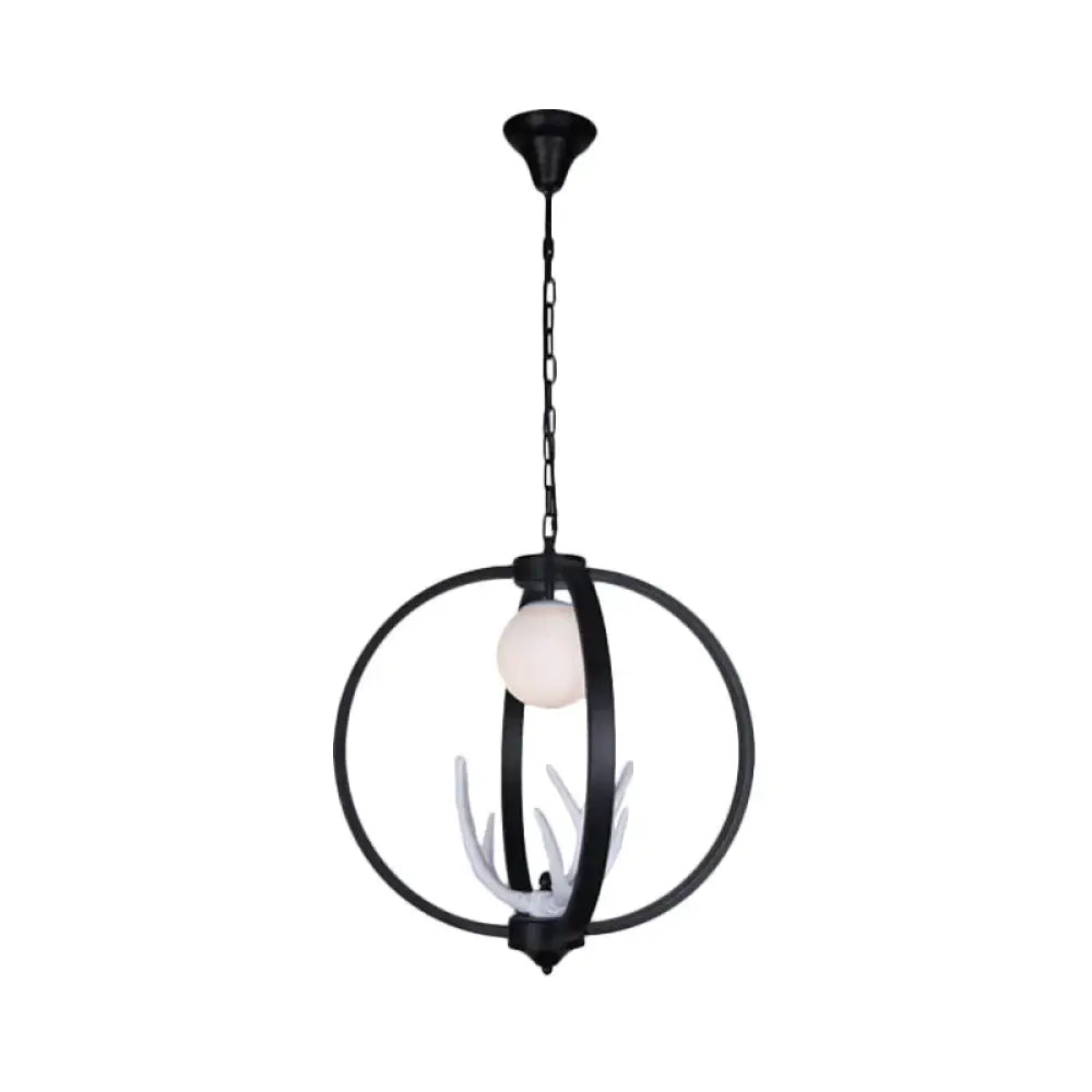Traditional Orb Hanging Lamp Single Bulb Metal Chandelier Light Fixture With White Glass Shade In