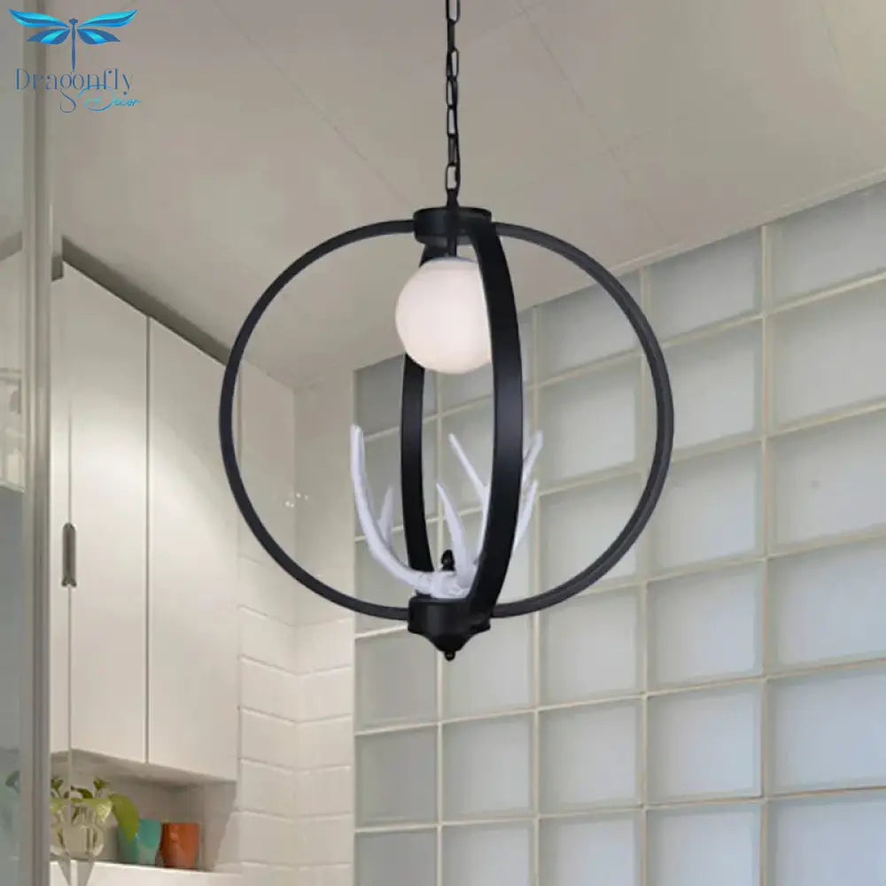 Traditional Orb Hanging Lamp Single Bulb Metal Chandelier Light Fixture With White Glass Shade In
