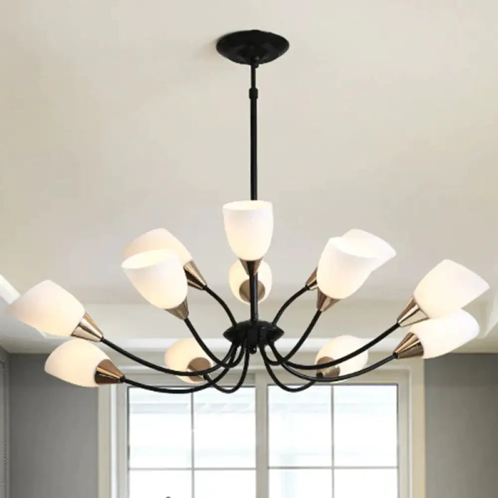 Traditional Oval Frosted 12 Lights Ceiling Light Glass Hanging Chandelier In Black For Living Room