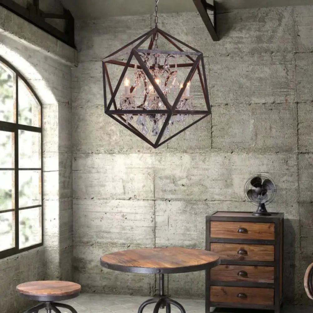 Traditional Rust Metal Hanging Ceiling Fixture With Clear Crystal Drop