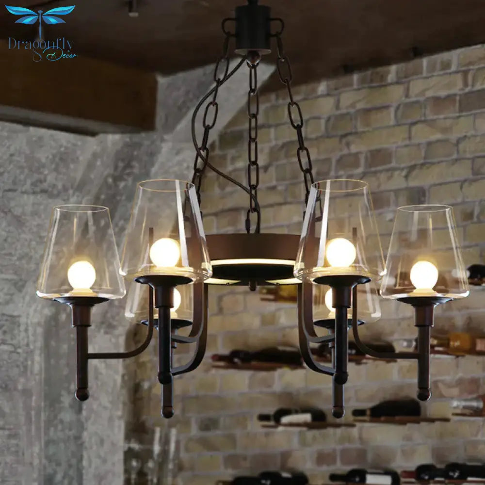 Traditional Tapered Chandelier Pendant Light 6 Heads Clear/Cream Glass Hanging Lamp In Rust For