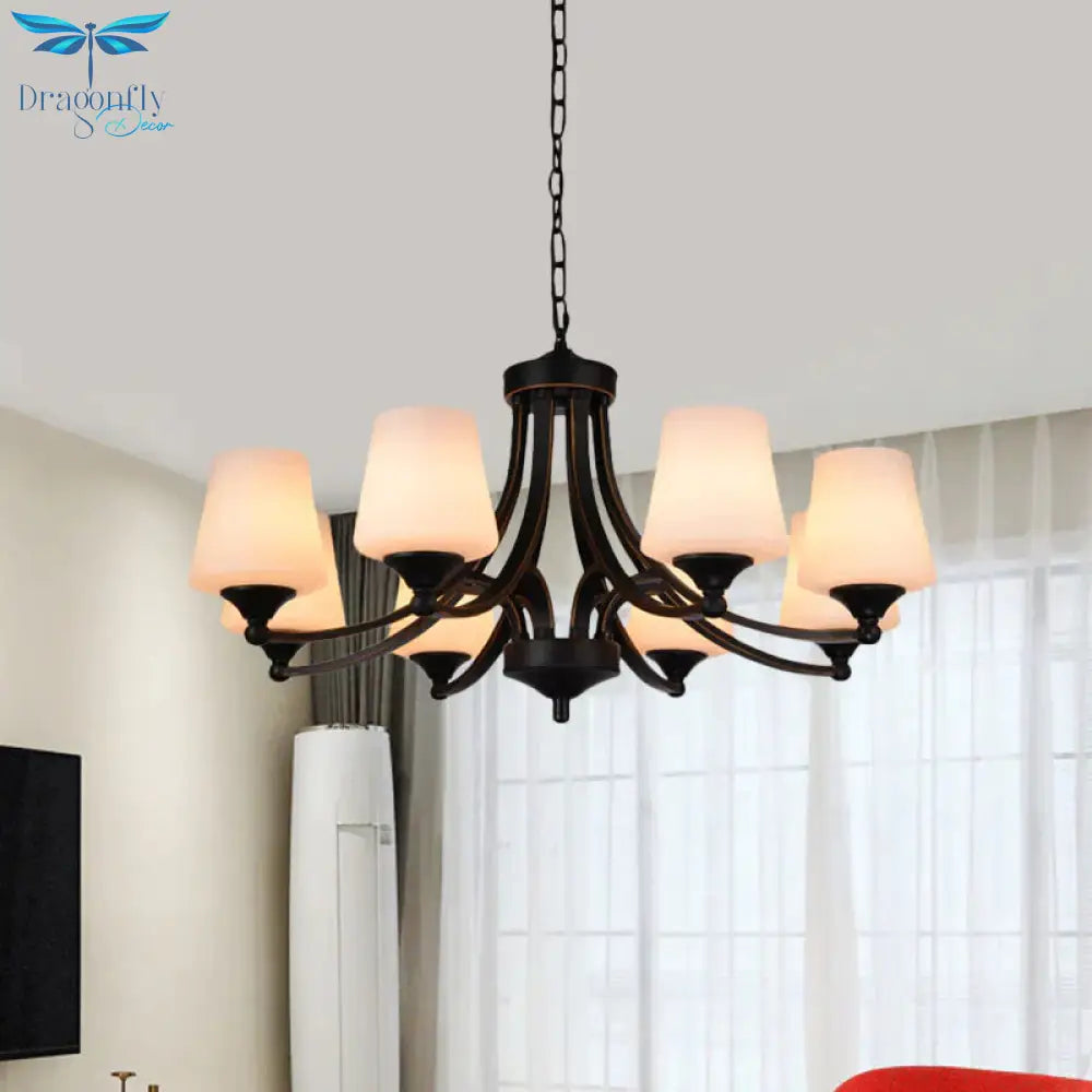 Traditional Tulip Chandelier Light Fixture 3/5/8 Bulbs Milky Glass Pendant Lighting In Black For