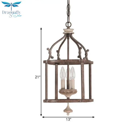 Traditional Wooden Birdcage Hanging Lamp 3 Bulbs Metal Chandelier Light Fixture In Rust For Living