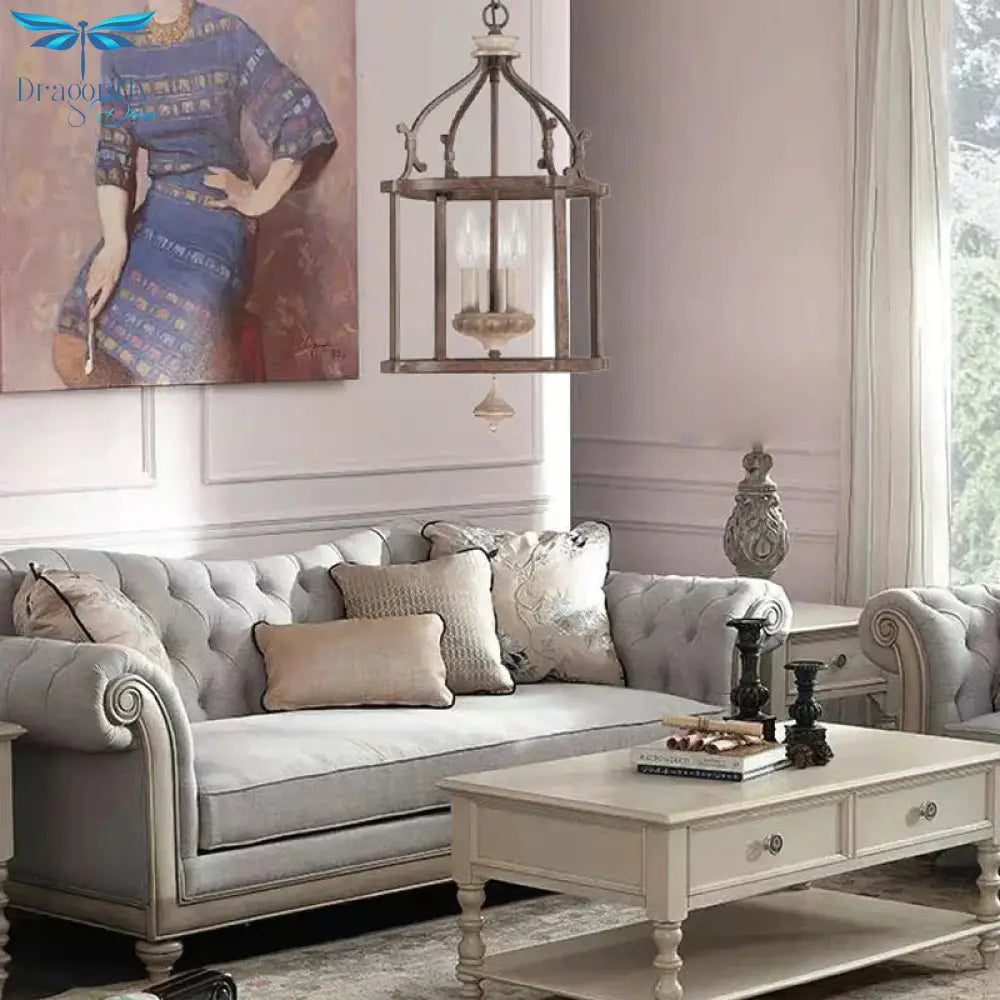 Traditional Wooden Birdcage Hanging Lamp 3 Bulbs Metal Chandelier Light Fixture In Rust For Living