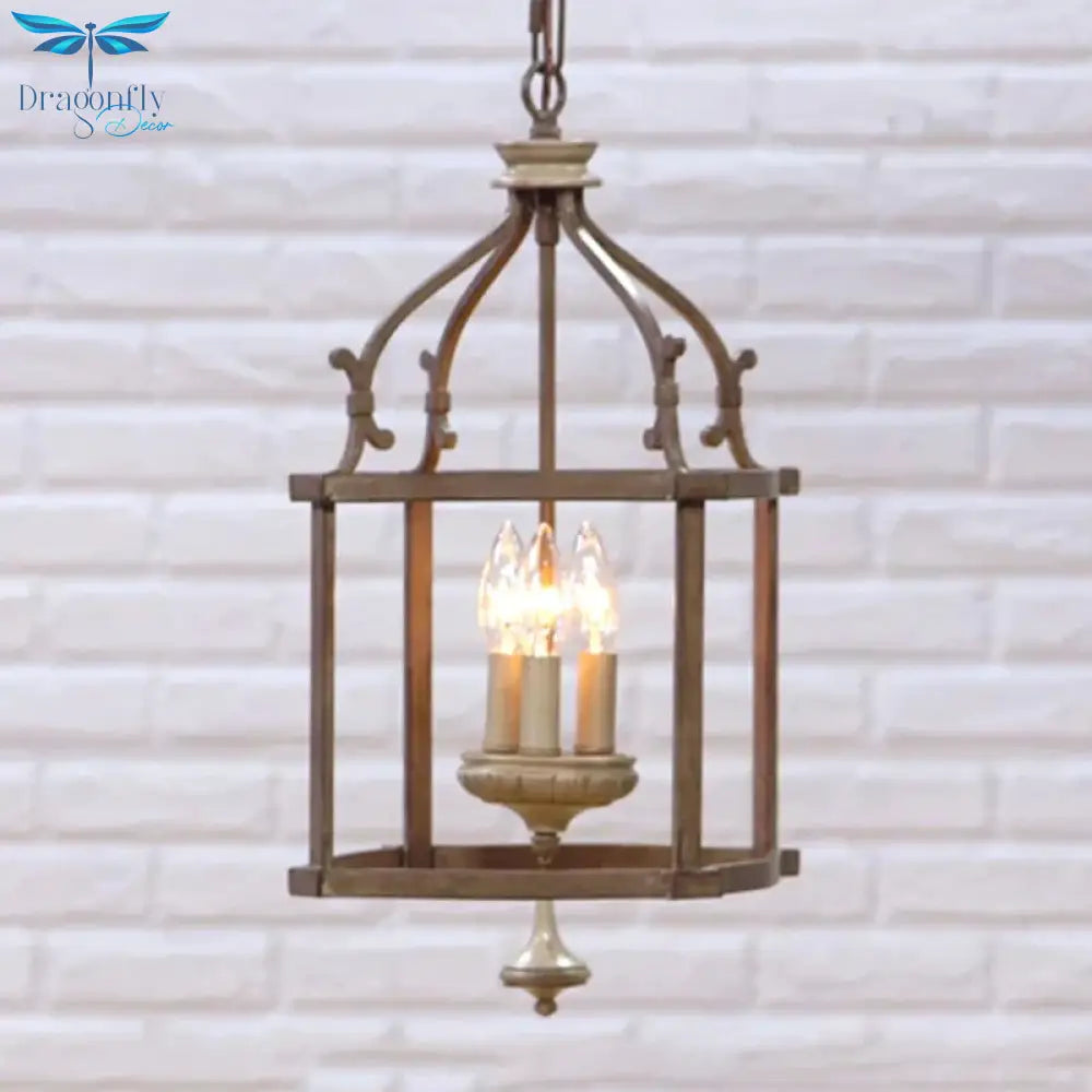 Traditional Wooden Birdcage Hanging Lamp 3 Bulbs Metal Chandelier Light Fixture In Rust For Living
