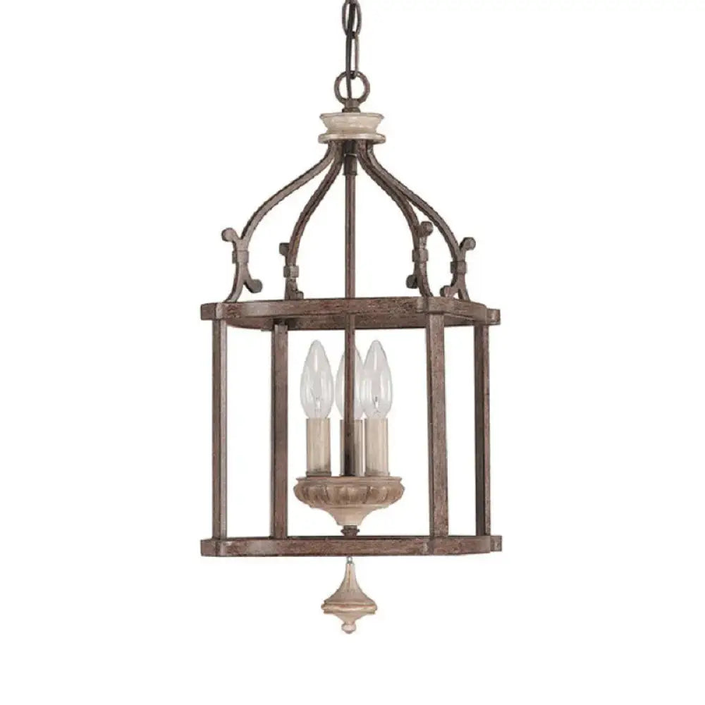 Traditional Wooden Birdcage Hanging Lamp 3 Bulbs Metal Chandelier Light Fixture In Rust For Living