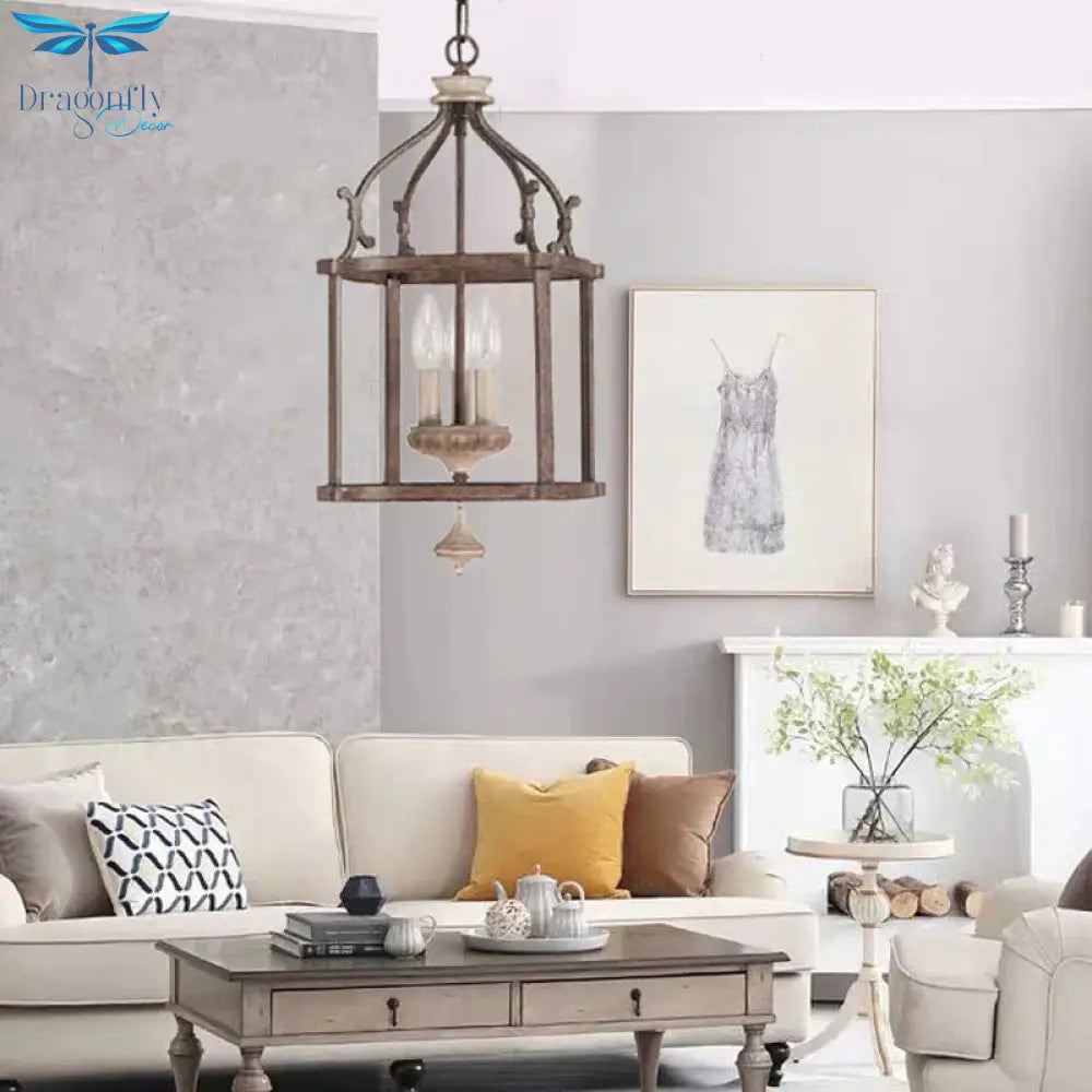 Traditional Wooden Birdcage Hanging Lamp 3 Bulbs Metal Chandelier Light Fixture In Rust For Living