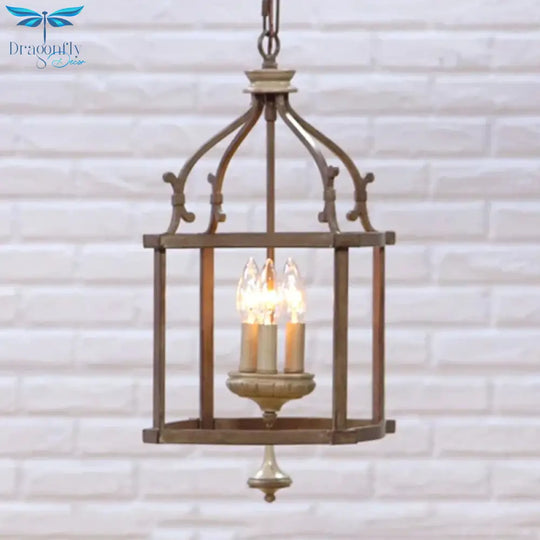 Traditional Wooden Birdcage Hanging Lamp 3 Bulbs Metal Chandelier Light Fixture In Rust For Living