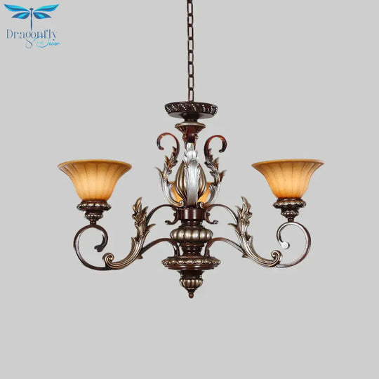 Traditionalist Bell Pendant Light 3 Lights Amber Glass Chandelier Lamp In Bronze With Carved Design
