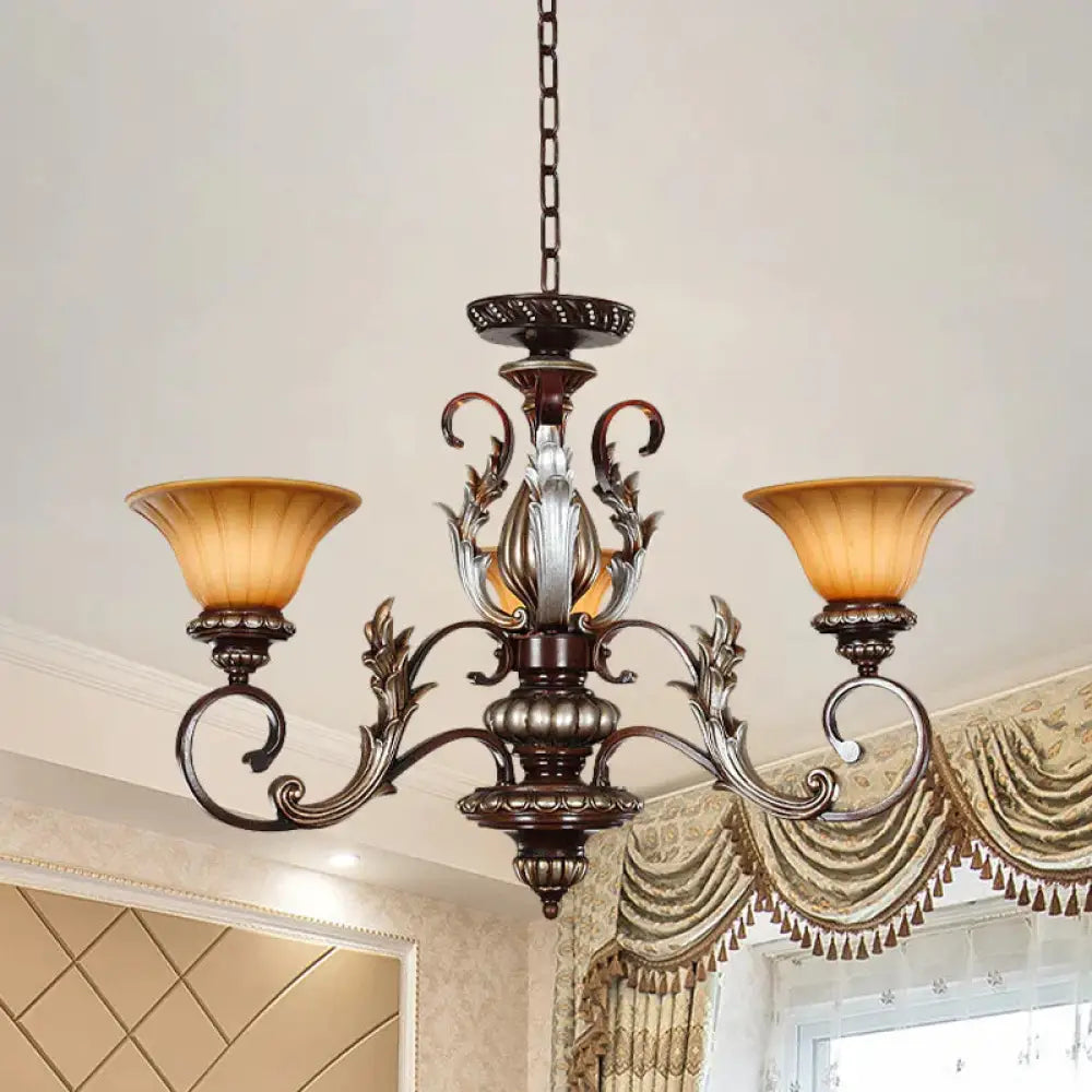 Traditionalist Bell Pendant Light 3 Lights Amber Glass Chandelier Lamp In Bronze With Carved Design