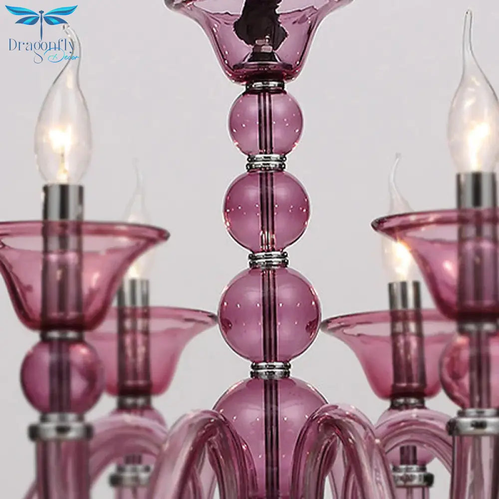 Traditionary Beige/Purple/Blue Glass Hanging Lamp With 10 Bulbs
