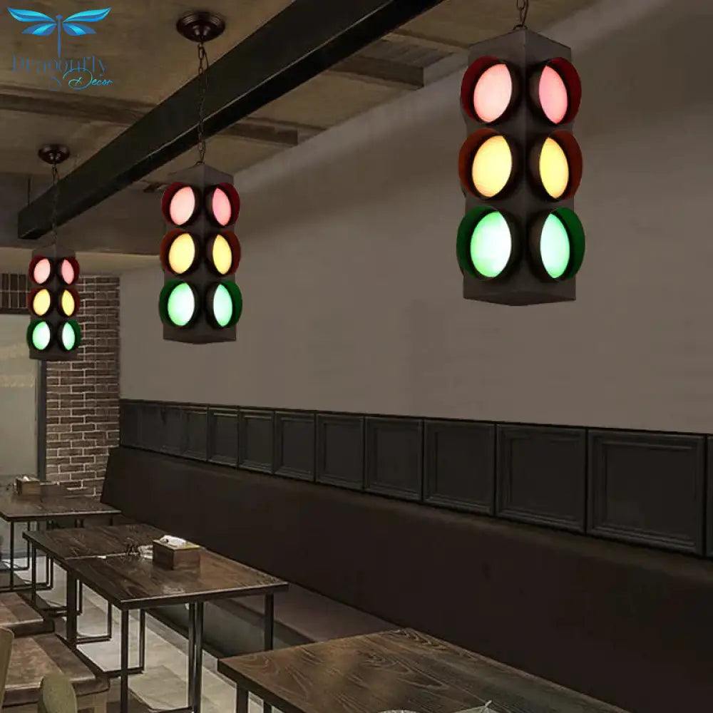 Traffic Light Restaurant Pendant Lamp Metal Antique Creative Chandelier In Black Finish