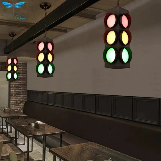 Traffic Light Restaurant Pendant Lamp Metal Antique Creative Chandelier In Black Finish