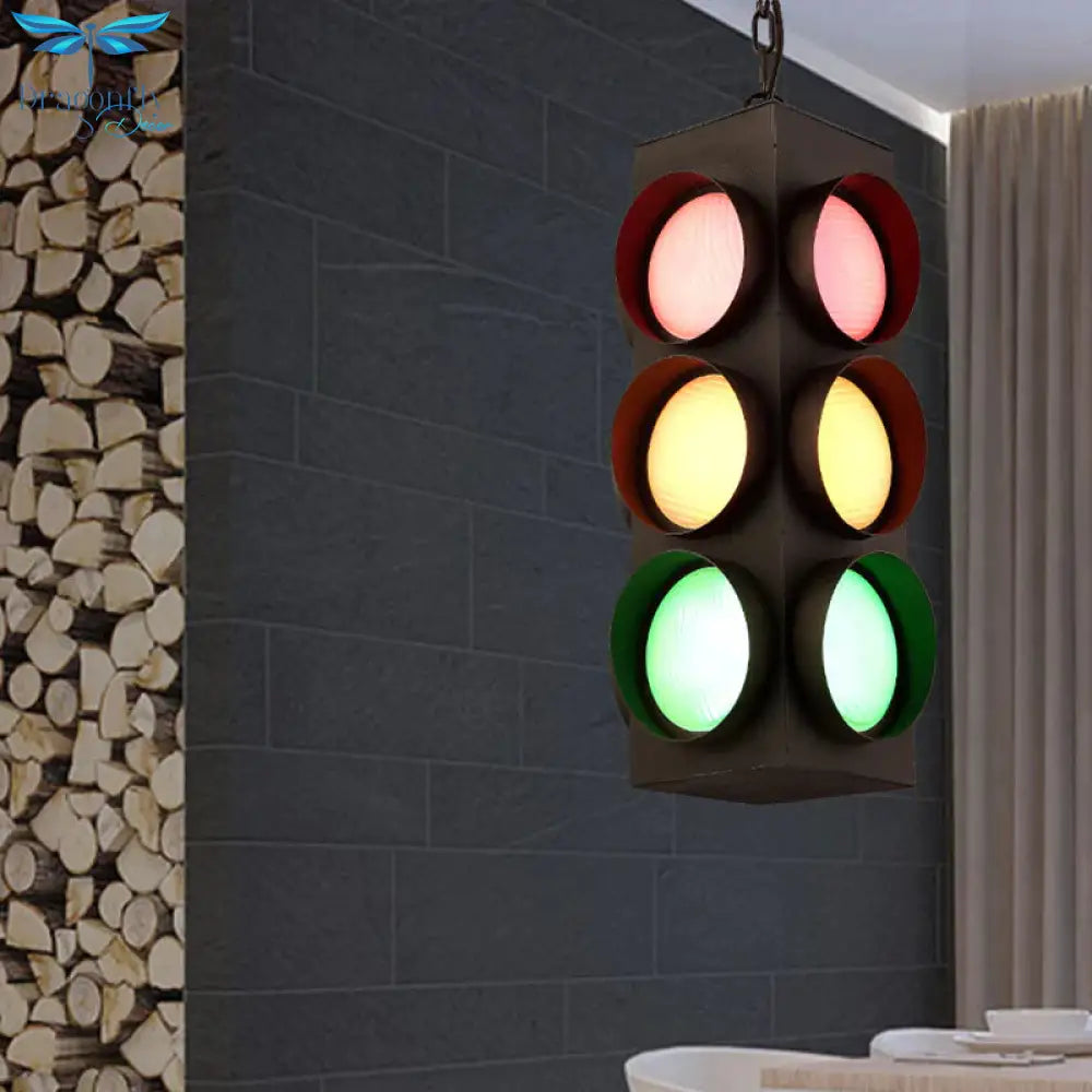 Traffic Light Restaurant Pendant Lamp Metal Antique Creative Chandelier In Black Finish