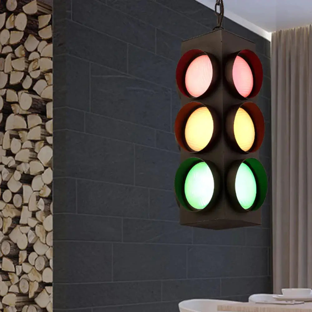 Traffic Light Restaurant Pendant Lamp Metal Antique Creative Chandelier In Black Finish