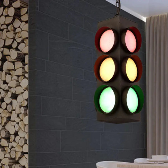 Traffic Light Restaurant Pendant Lamp Metal Antique Creative Chandelier In Black Finish