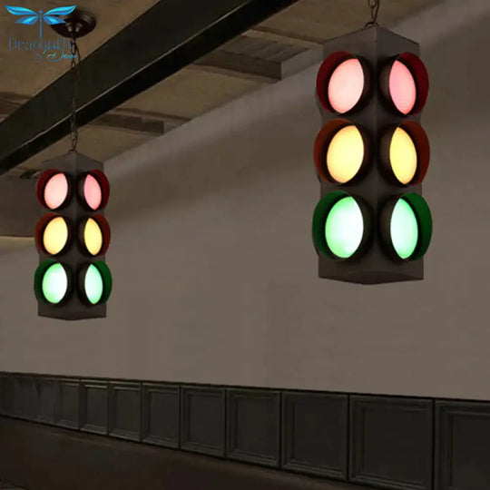 Traffic Light Restaurant Pendant Lamp Metal Antique Creative Chandelier In Black Finish