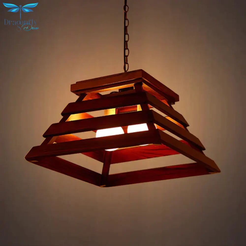 Trapezoid Cage Dining Room Pendant Light Kit Traditional Wood 2 - Bulb Brown Hanging Chandelier