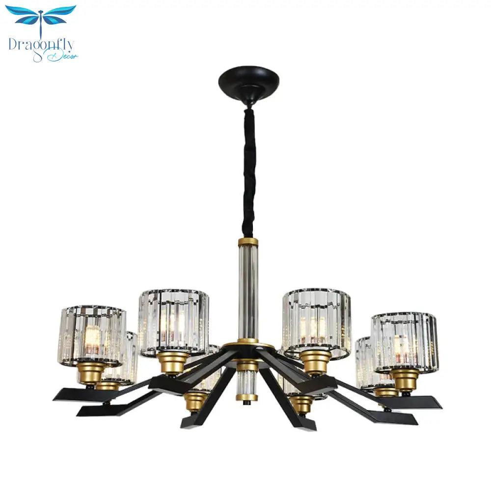 Tri - Sided Crystal Rod Cylinder Pendant Lighting Contemporary 6/8 Heads Black Hanging Chandelier