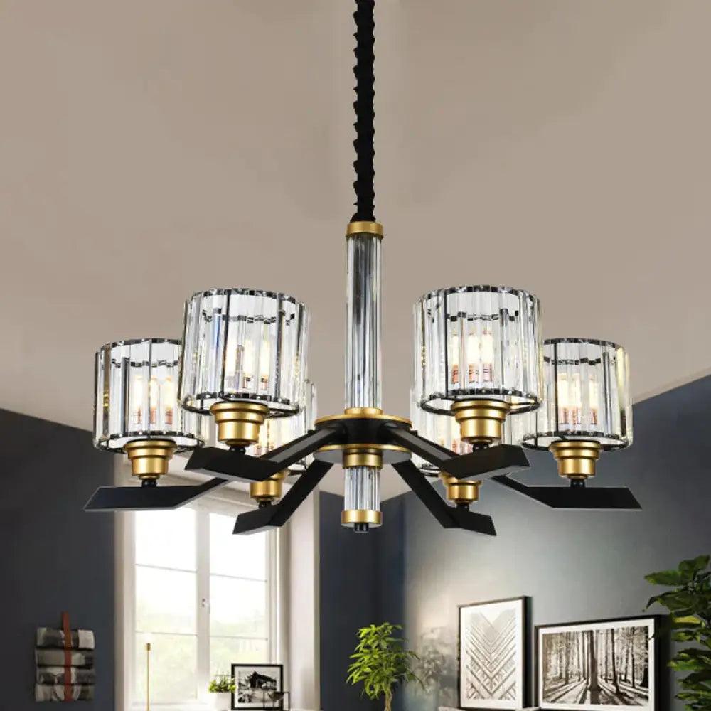 Tri - Sided Crystal Rod Cylinder Pendant Lighting Contemporary 6/8 Heads Black Hanging Chandelier 6