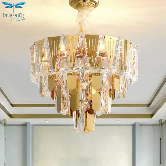 Triangle Chandelier Modernism Metallic 7 - Light Gold Hanging Ceiling Light With Crystal Icicle
