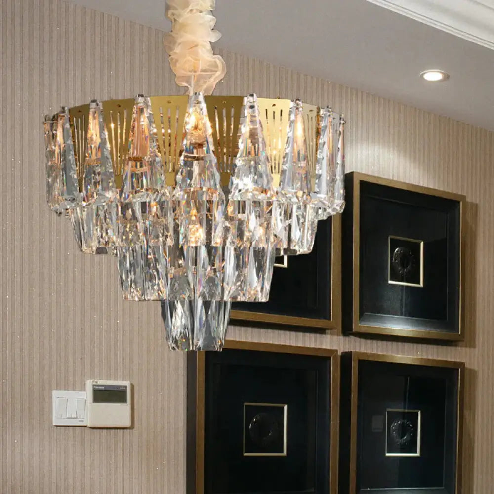 Triangle Chandelier Modernism Metallic 7 - Light Gold Hanging Ceiling Light With Crystal Icicle / B