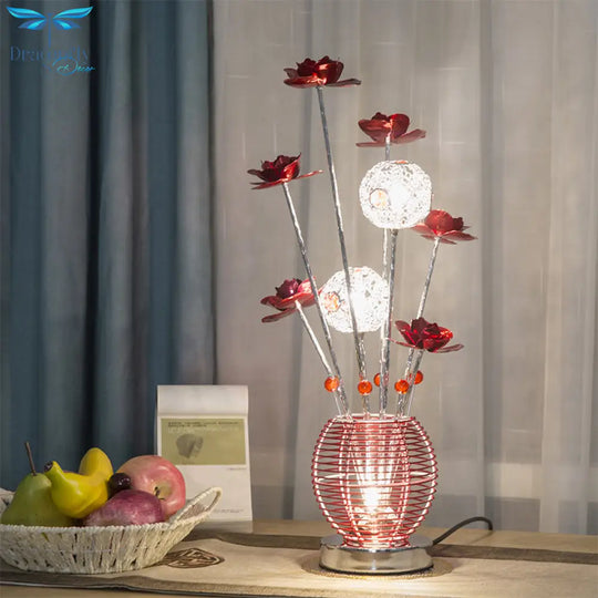 Tseen Kee - Pink/Red Led Rose Table Light: Aluminum Spherical Nightstand Lamp