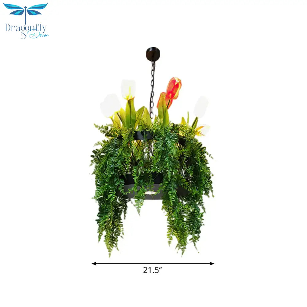 Tulip/Lily Dining Room Hanging Light Kit Farm Metal 10 Heads Red/White Chandelier Lighting Fixture