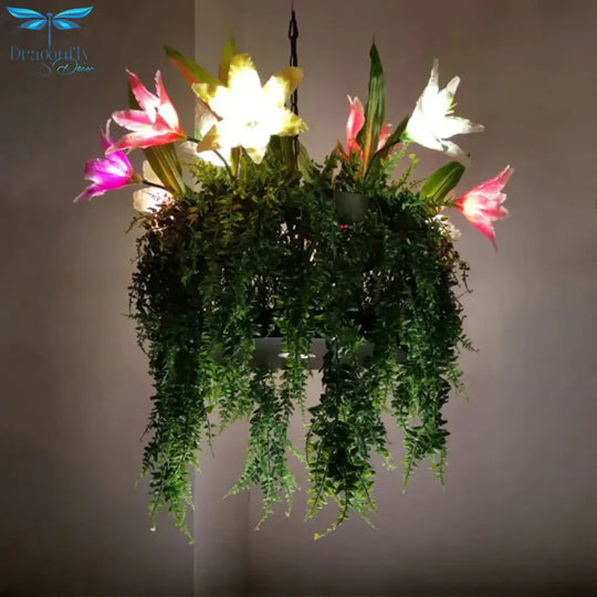 Tulip/Lily Dining Room Hanging Light Kit Farm Metal 10 Heads Red/White Chandelier Lighting Fixture