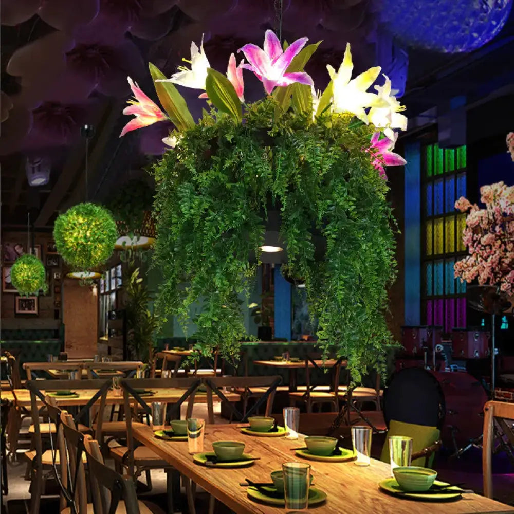 Tulip/Lily Dining Room Hanging Light Kit Farm Metal 10 Heads Red/White Chandelier Lighting Fixture