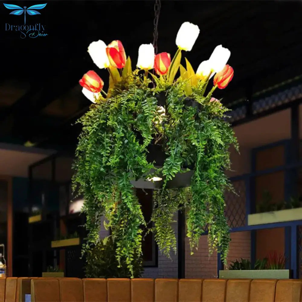 Tulip/Lily Dining Room Hanging Light Kit Farm Metal 10 Heads Red/White Chandelier Lighting Fixture