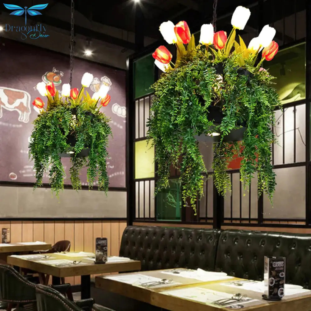 Tulip/Lily Dining Room Hanging Light Kit Farm Metal 10 Heads Red/White Chandelier Lighting Fixture