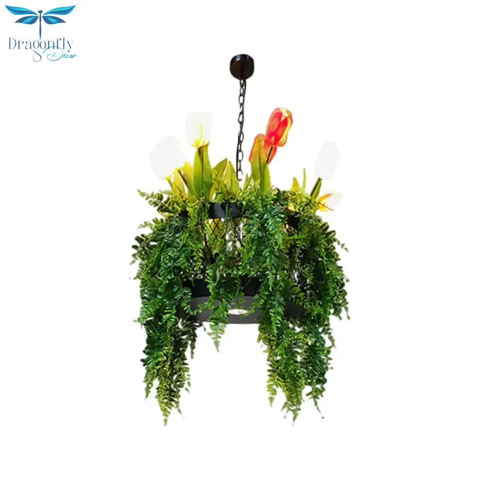 Tulip/Lily Dining Room Hanging Light Kit Farm Metal 10 Heads Red/White Chandelier Lighting Fixture