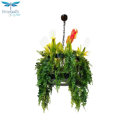 Tulip/Lily Dining Room Hanging Light Kit Farm Metal 10 Heads Red/White Chandelier Lighting Fixture