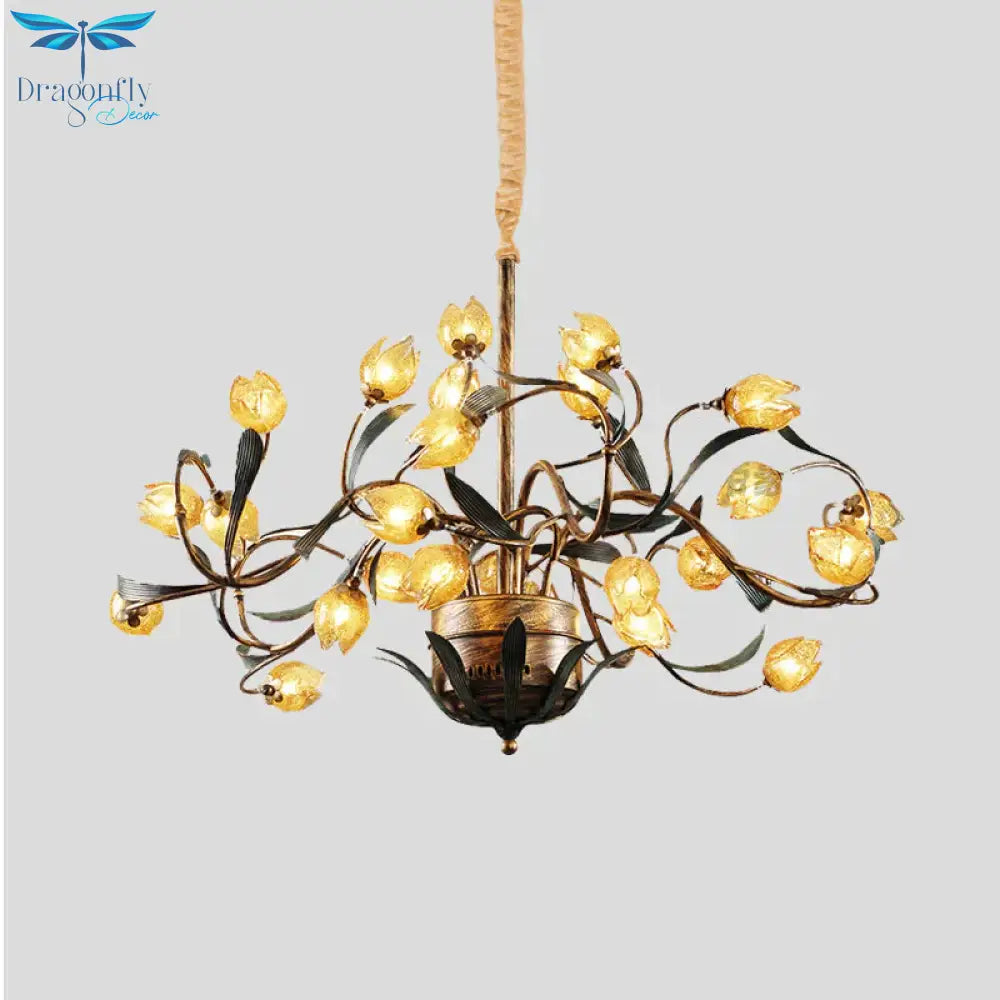 Tulip Metal Chandelier Light Pastoral 25 Bulbs Living Room Led Pendant Lighting Fixture In Brass