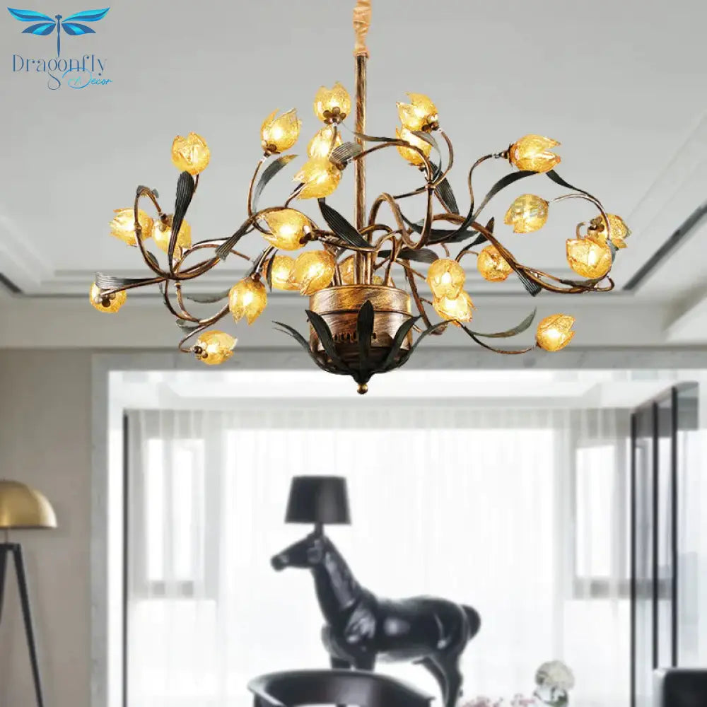 Tulip Metal Chandelier Light Pastoral 25 Bulbs Living Room Led Pendant Lighting Fixture In Brass