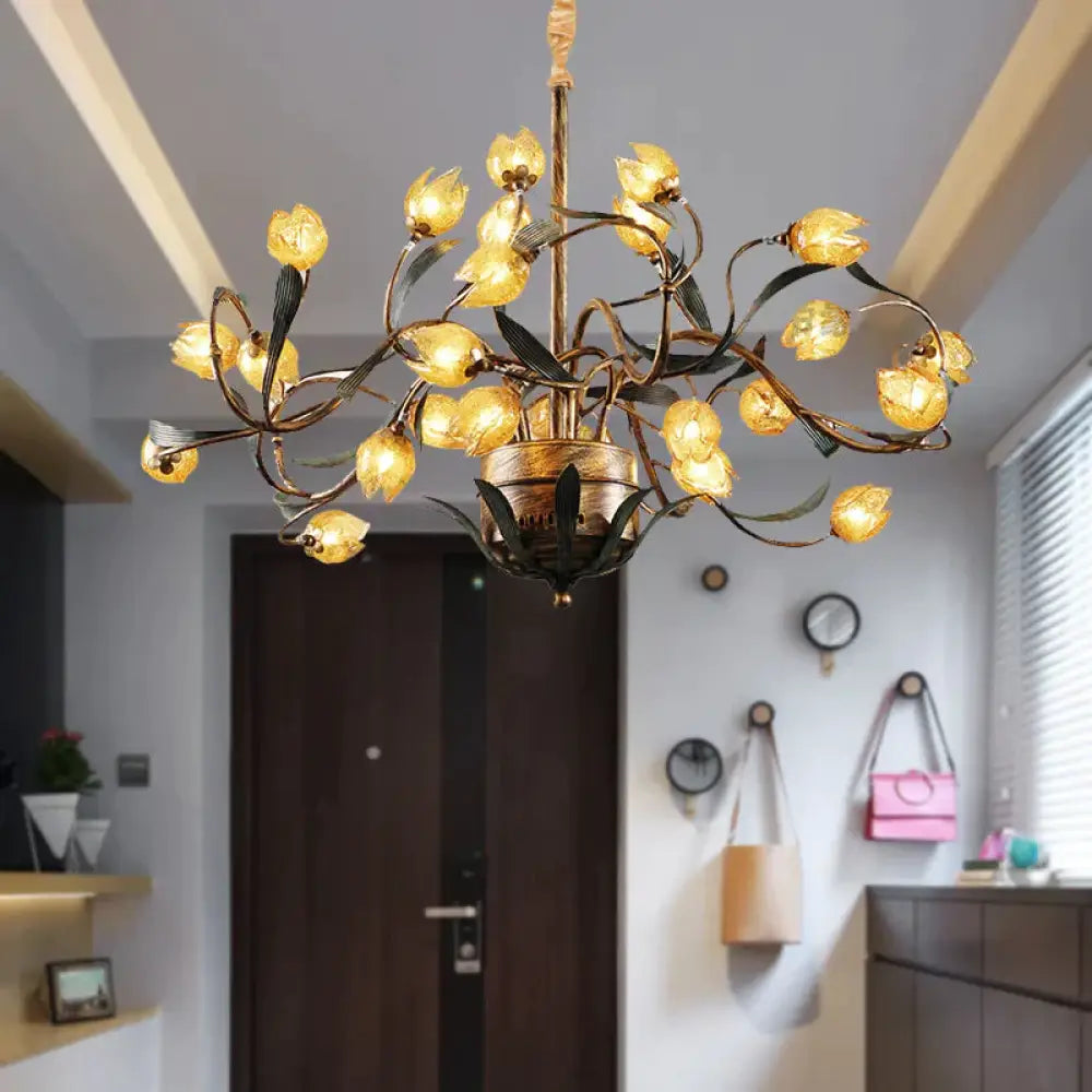 Tulip Metal Chandelier Light Pastoral 25 Bulbs Living Room Led Pendant Lighting Fixture In Brass