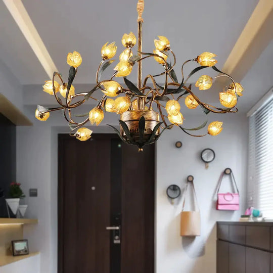 Tulip Metal Chandelier Light Pastoral 25 Bulbs Living Room Led Pendant Lighting Fixture In Brass
