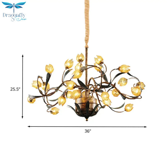 Tulip Metal Chandelier Light Pastoral 25 Bulbs Living Room Led Pendant Lighting Fixture In Brass