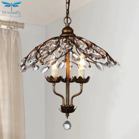 Umbrella Shape Living Room Hanging Chandelier Leaf Crystal 2 Heads Brass Light Kit