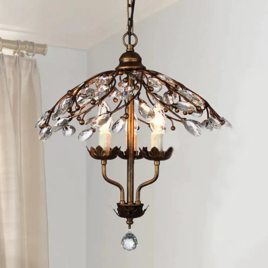 Umbrella Shape Living Room Hanging Chandelier Leaf Crystal 2 Heads Brass Light Kit
