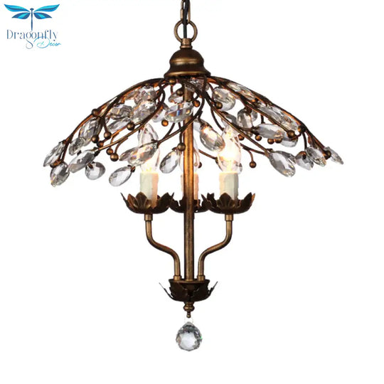 Umbrella Shape Living Room Hanging Chandelier Leaf Crystal 2 Heads Brass Light Kit