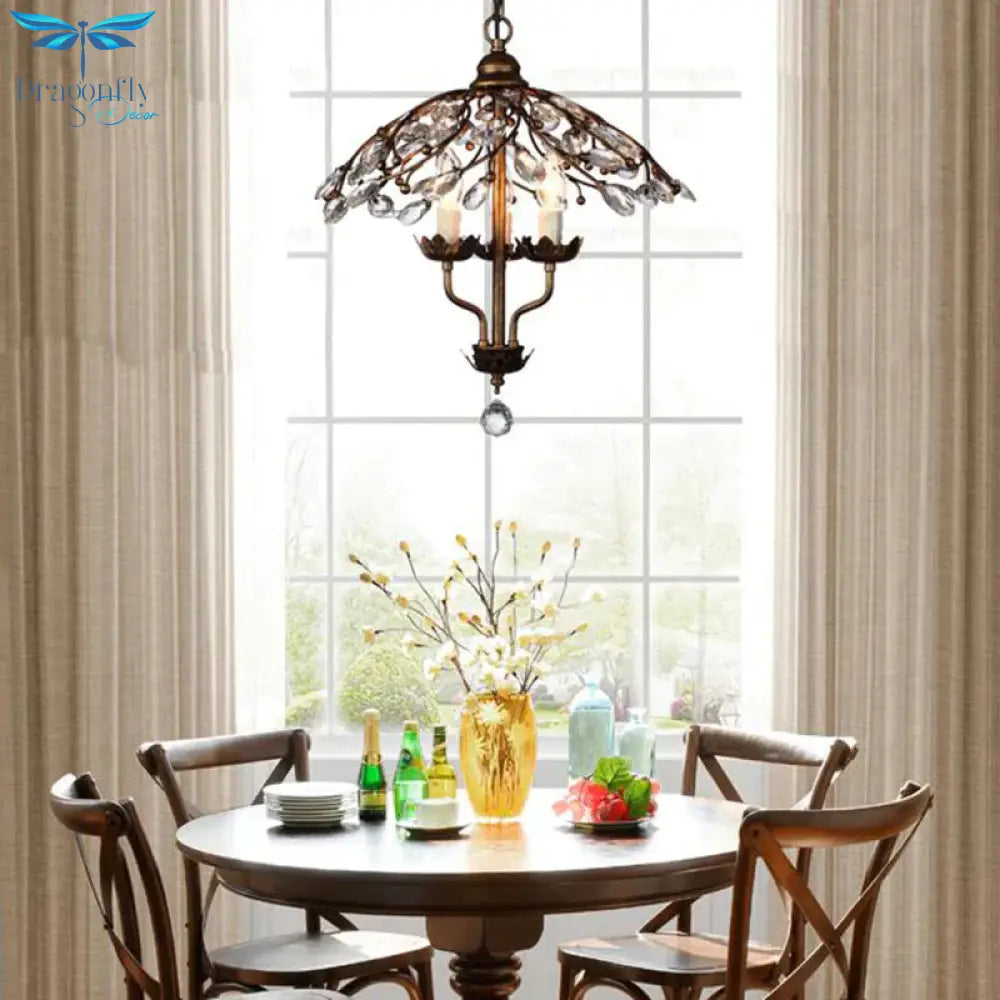 Umbrella Shape Living Room Hanging Chandelier Leaf Crystal 2 Heads Brass Light Kit