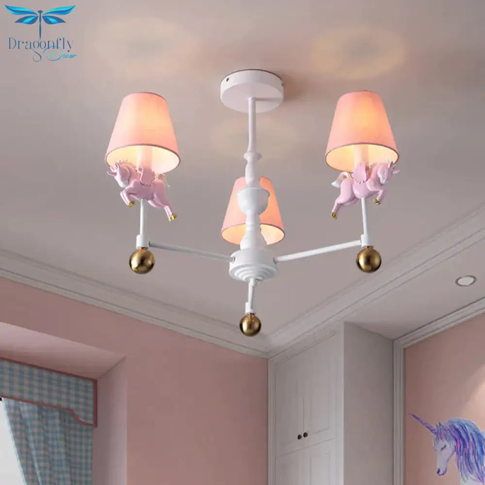 Unicorn Girl’s Room Chandelier Resin 3/5 - Head Kids Hanging Light In White With Pink Cone Shade