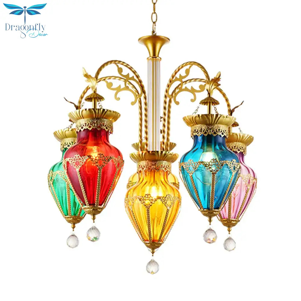 Urn Red - Yellow - Blue Glass Hanging Chandelier Moroccan 6 Lights Restaurant Ceiling Light